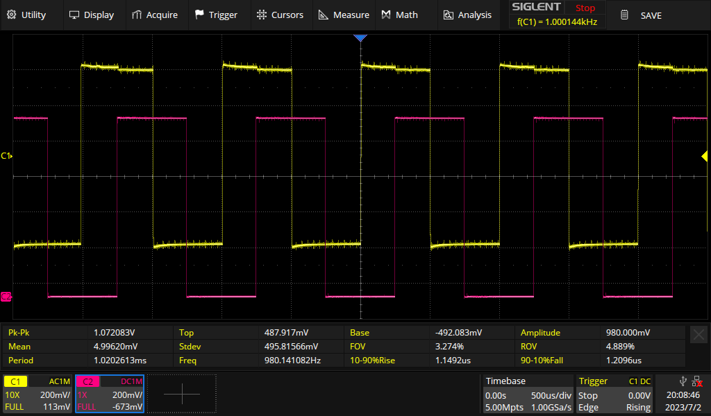 Test mit einem 1 kHz Rechtecksignal. Eingangssignal (unten) und Ausgangssignal (oben). width=